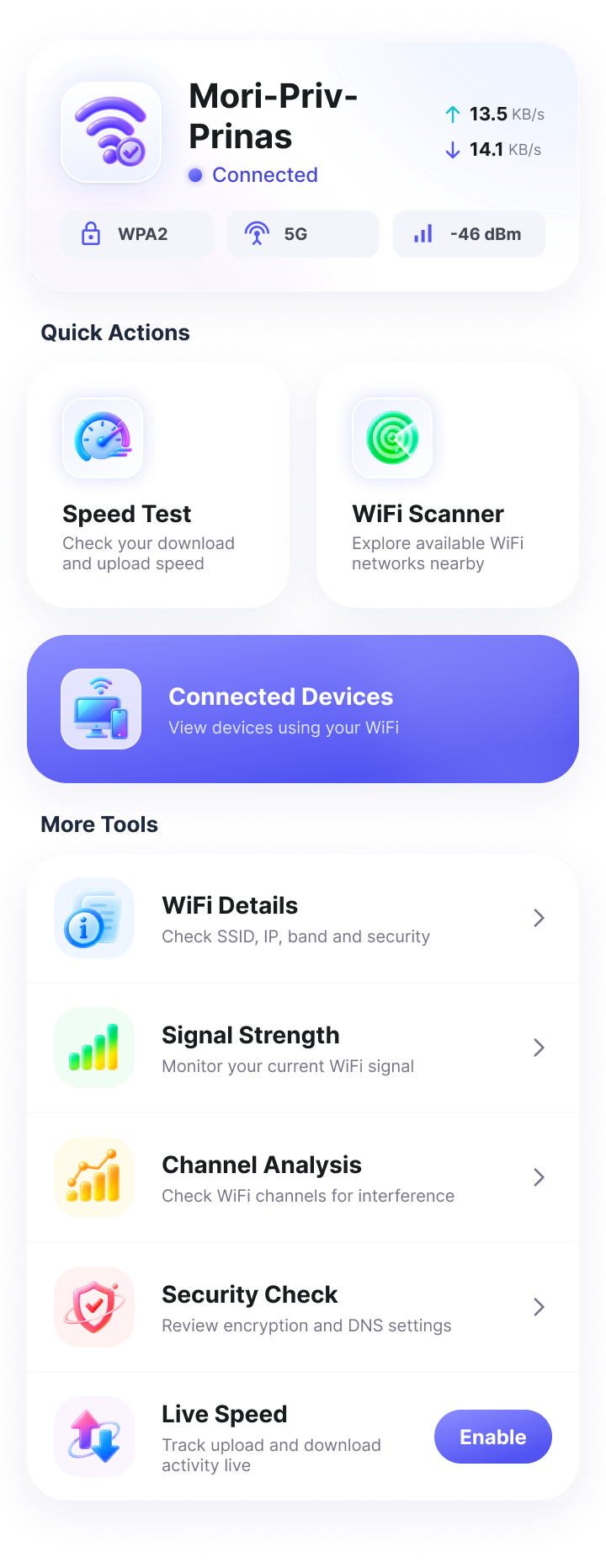 WiFiVista dashboard showing connection and quick actions